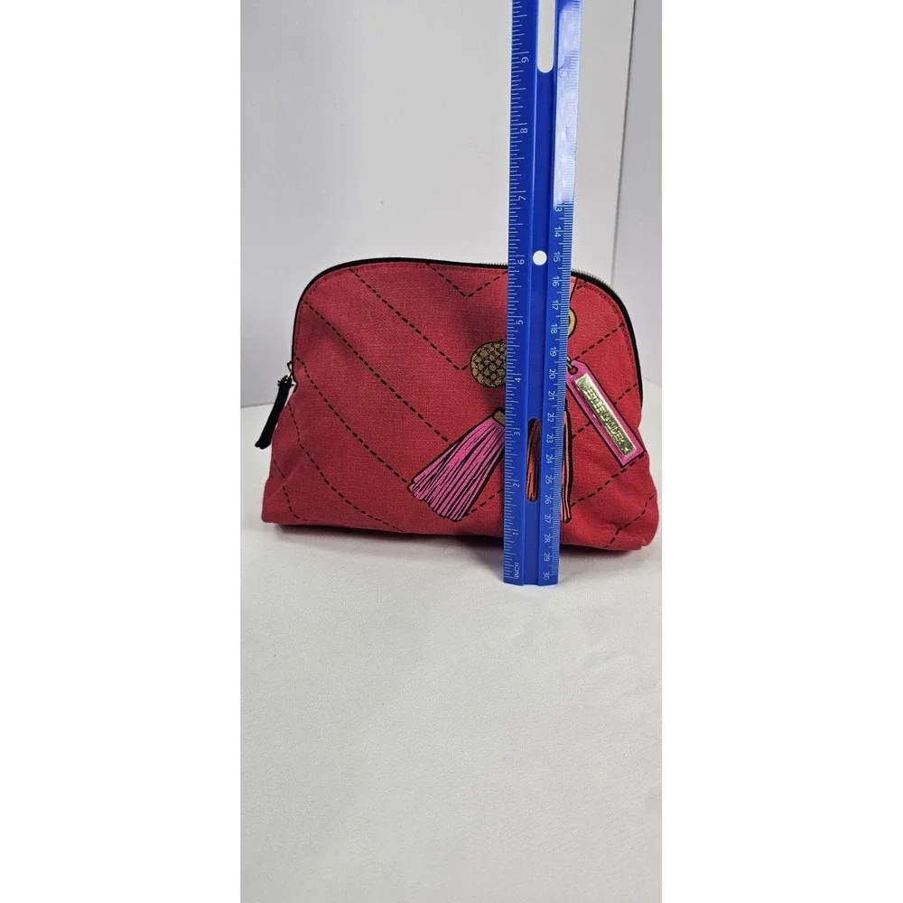 Estée Lauder Tassel Print Cosmetic Makeup Bag Red Canvas Zip Pouch Pink‎ Lining